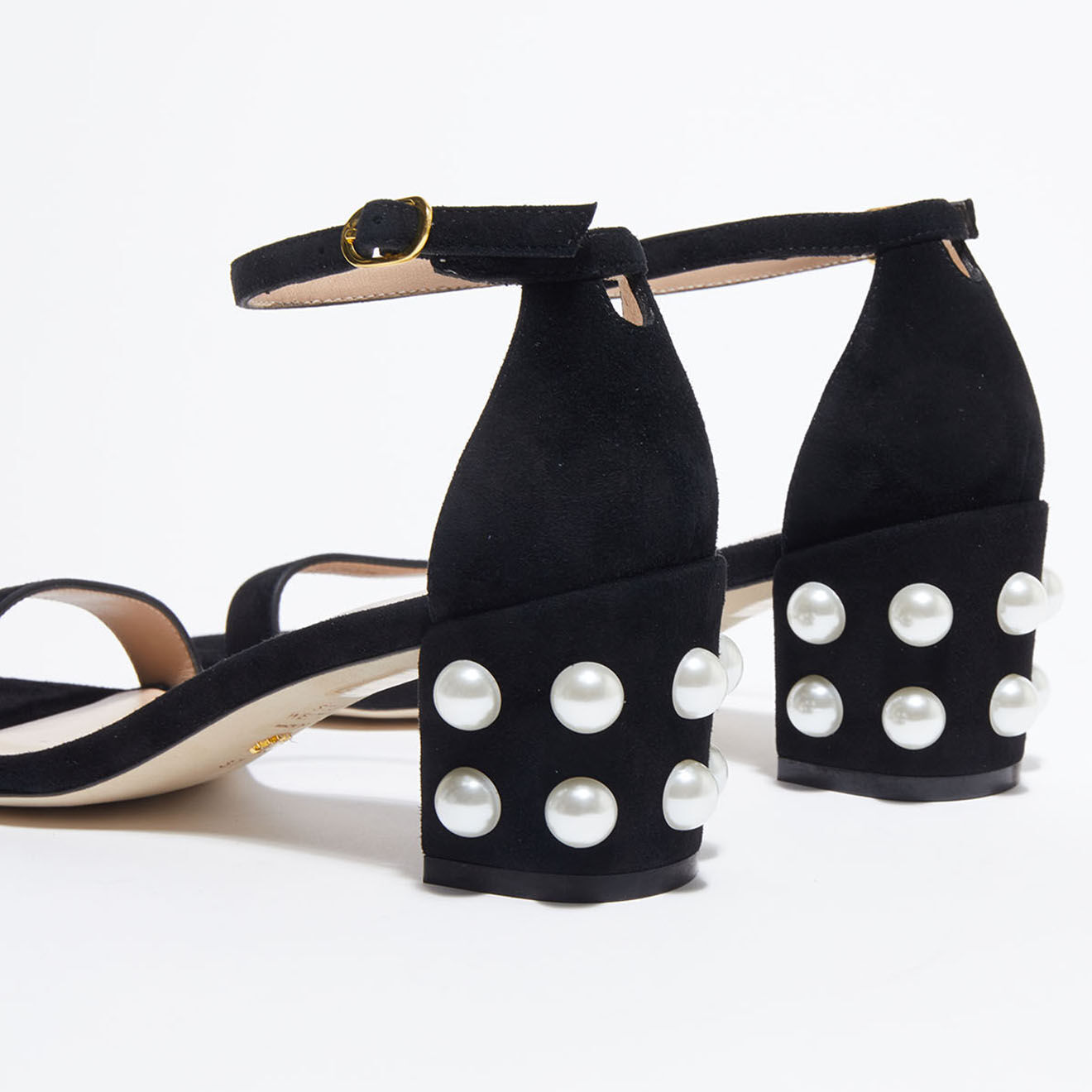 Stuart Weitzman Sandales en Velours de Cuir Simple Pearls noires - Talon 6,5 cm