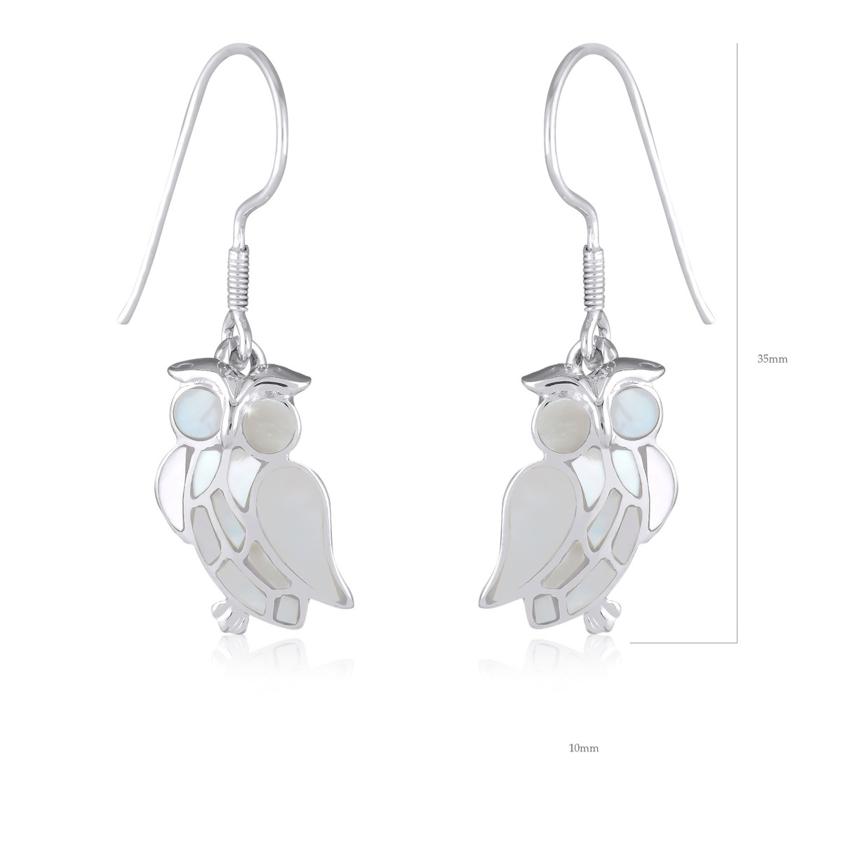Bijoux de créateurs en argent, des boucles d'oreille pendantes en Hibou-Chouette de nacre blanche et argent 925-000