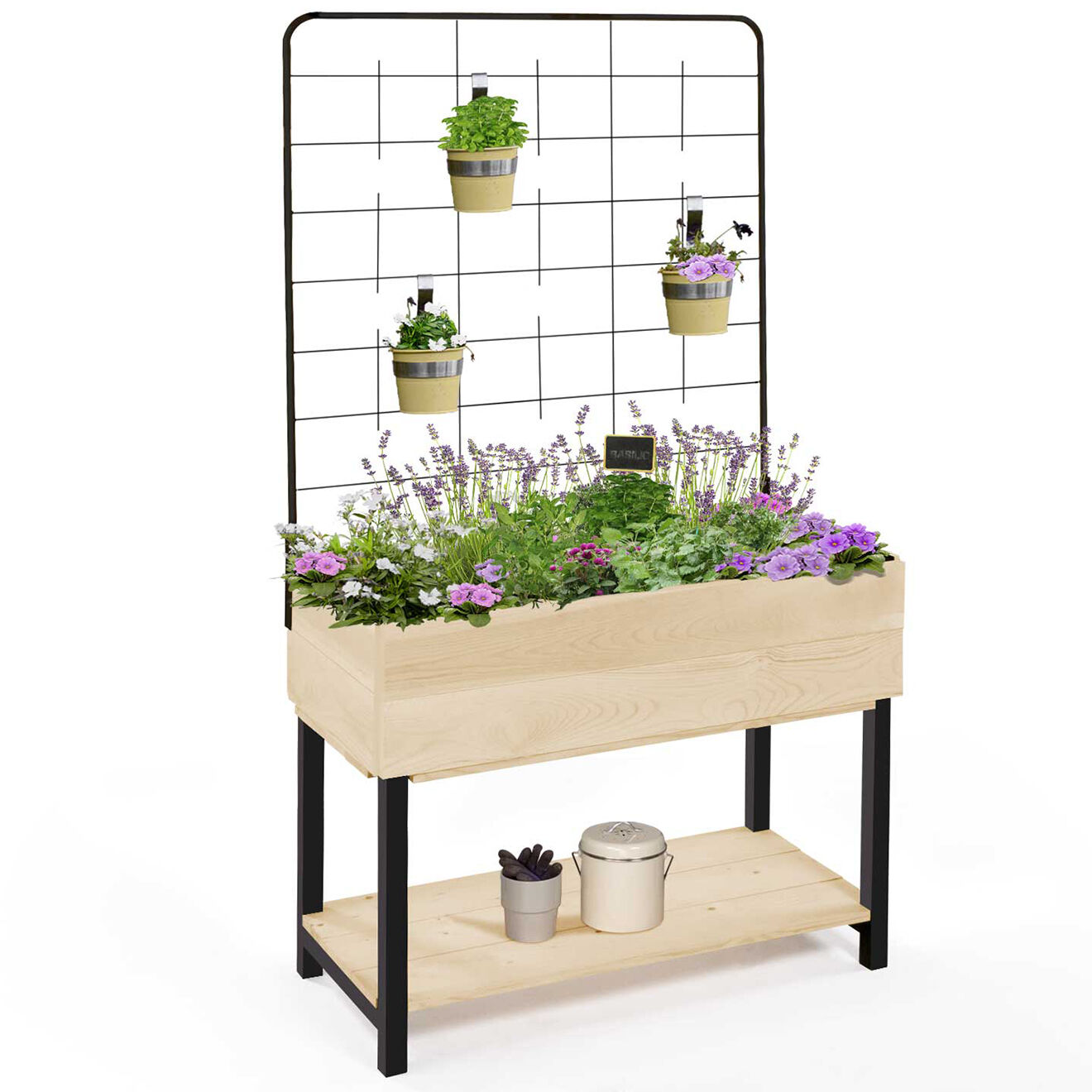 Pratik Garden Jardinière sur pied avec treillis noir/beige - 80x60x140 cm