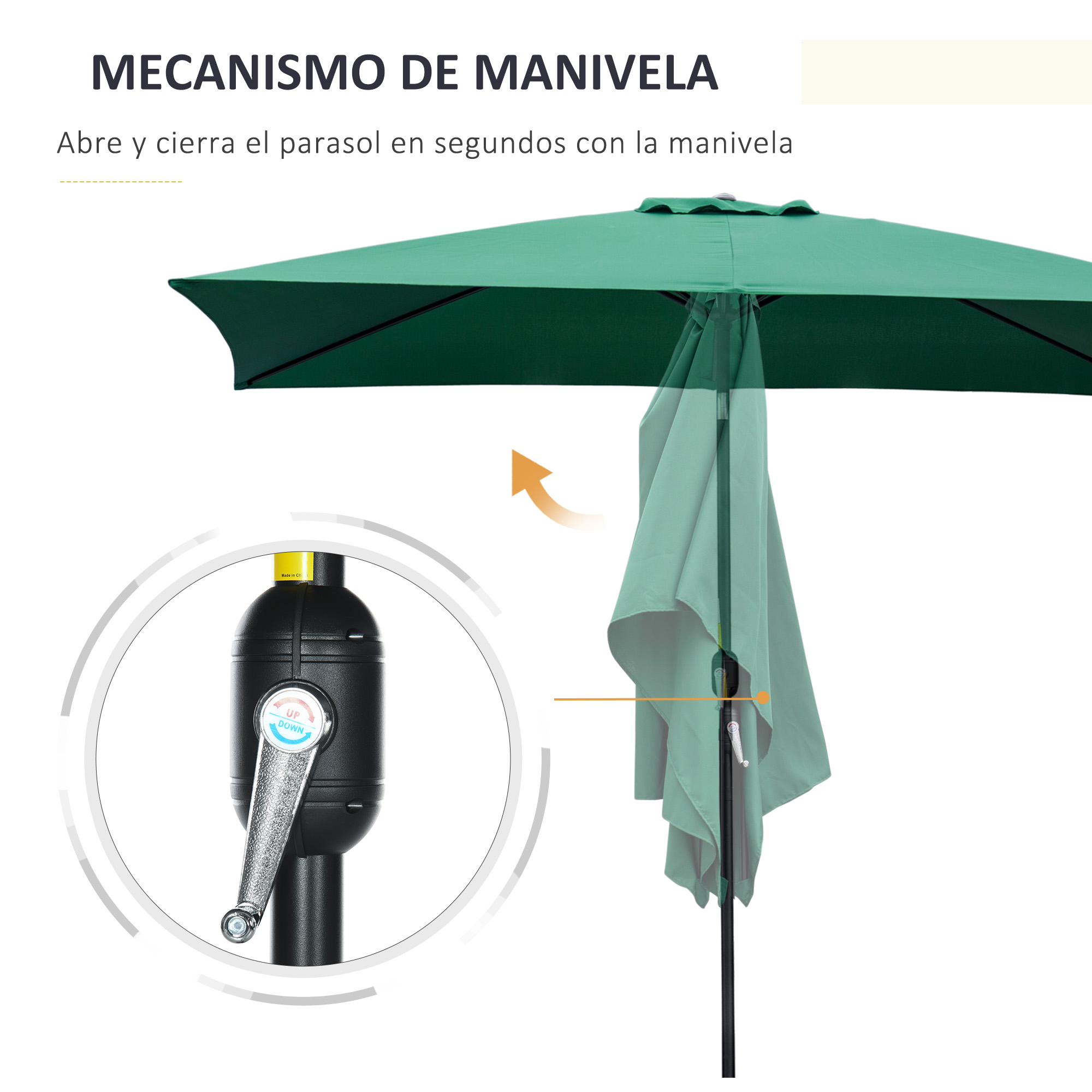 Guarda-sol retangular de alumínio Outsunny, 200x300x240 cm, com manivela e mastro removível, ideal para terraços, piscinas, pátios e áreas externas verdes.