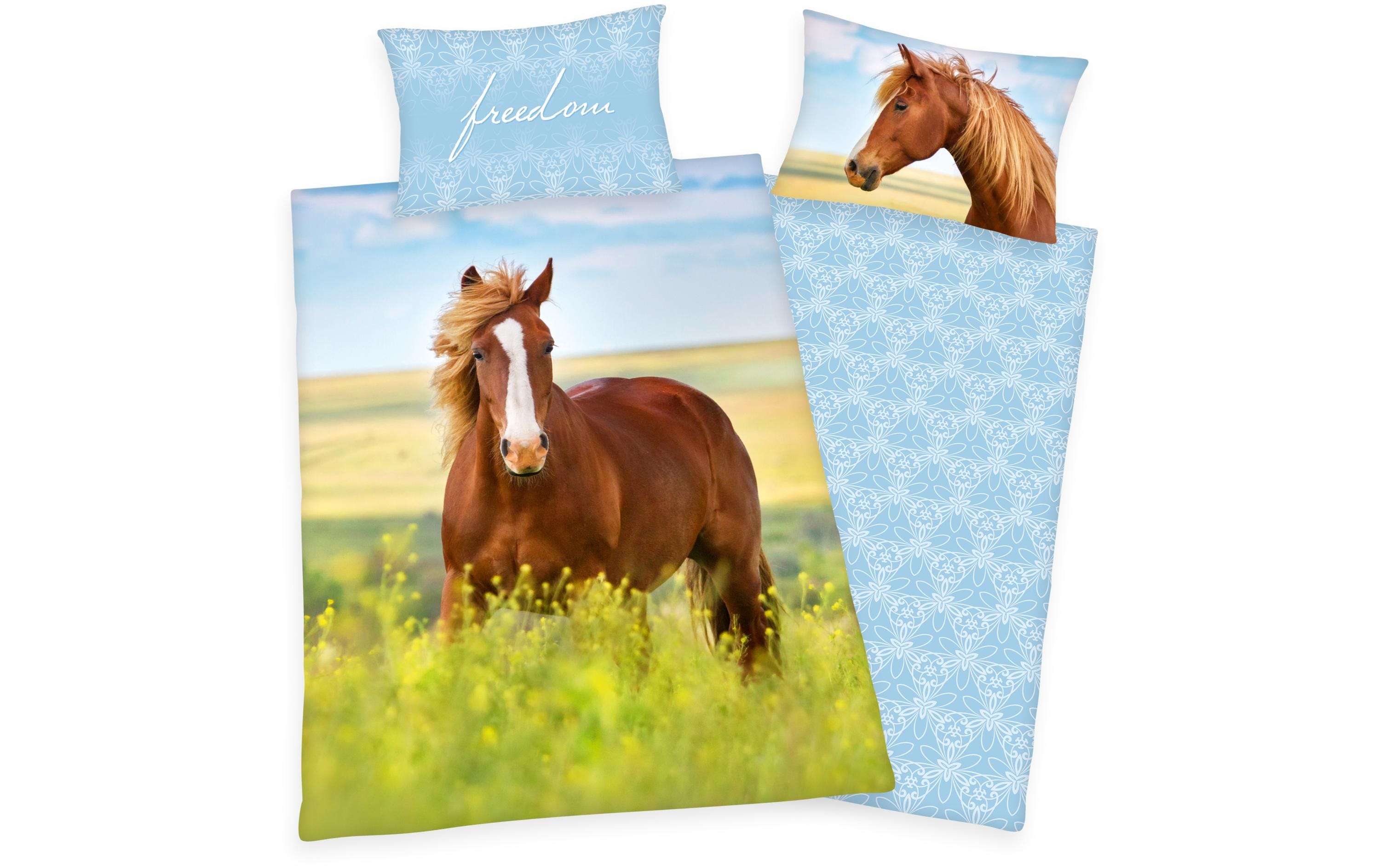 Kinder Bettwäschegarnitur Pferd 160 x 210 cmBettwäscheset aus 100% Baumwolle