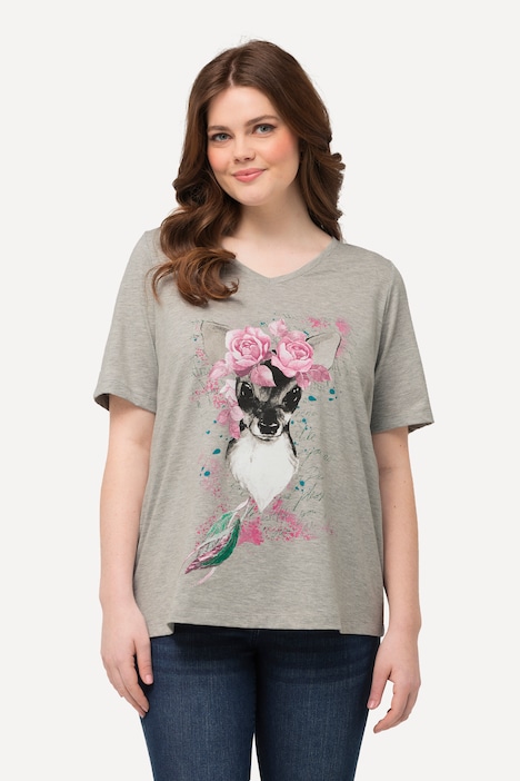T-Shirt, Blumen-Rehkitz, Classic, V-Ausschnitt, Halbarm