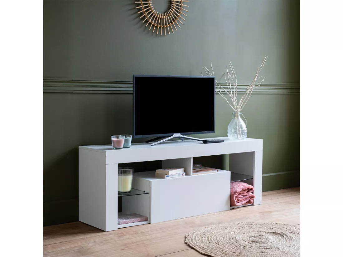 Meuble TV 140cm blanc à LED DARYL - HAPPY GARDEN