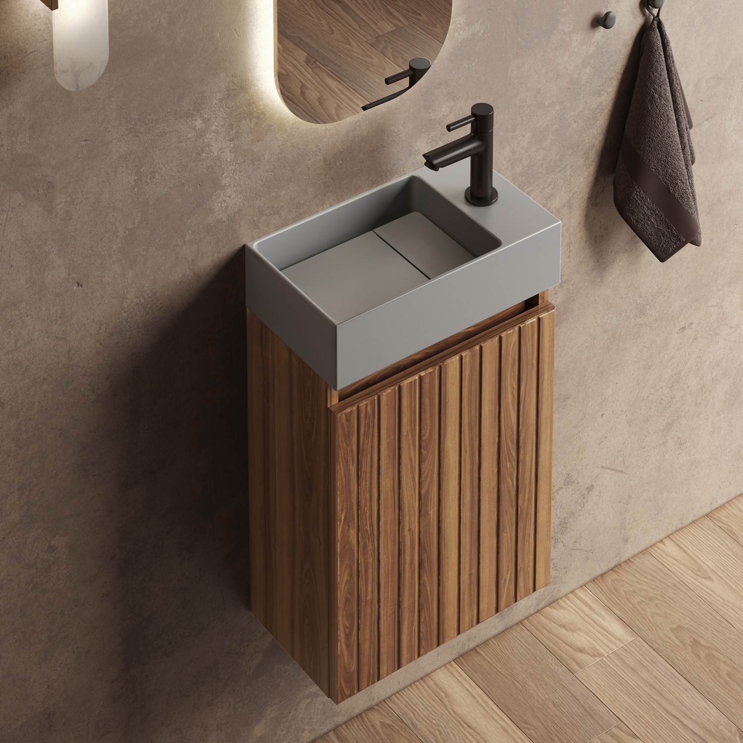 Fontana Itsie toiletmeubel walnoot ribbelfront 40cm met fontein in mat grijs