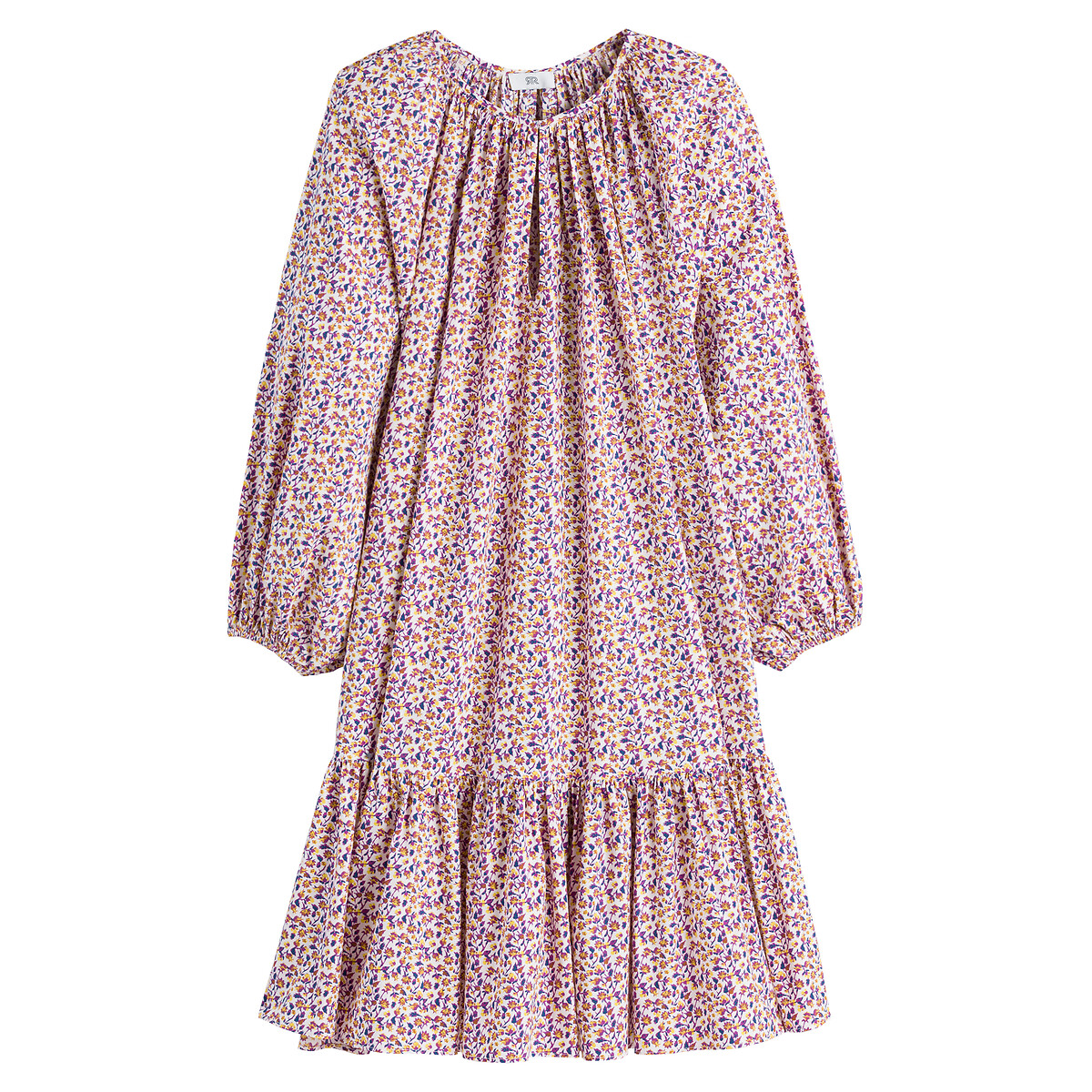 COLEÇÃO LA REDOUTE<br>Vestido com estampa de bandeira, decote redondo, mangas bufantes 3/4, estampado