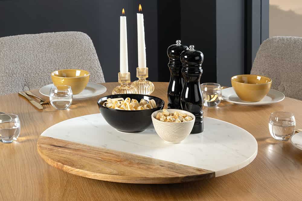 Handgefertigter Drehteller SERVANT 50cm weiß natur Marmor Mangoholz Dekoplatte rund