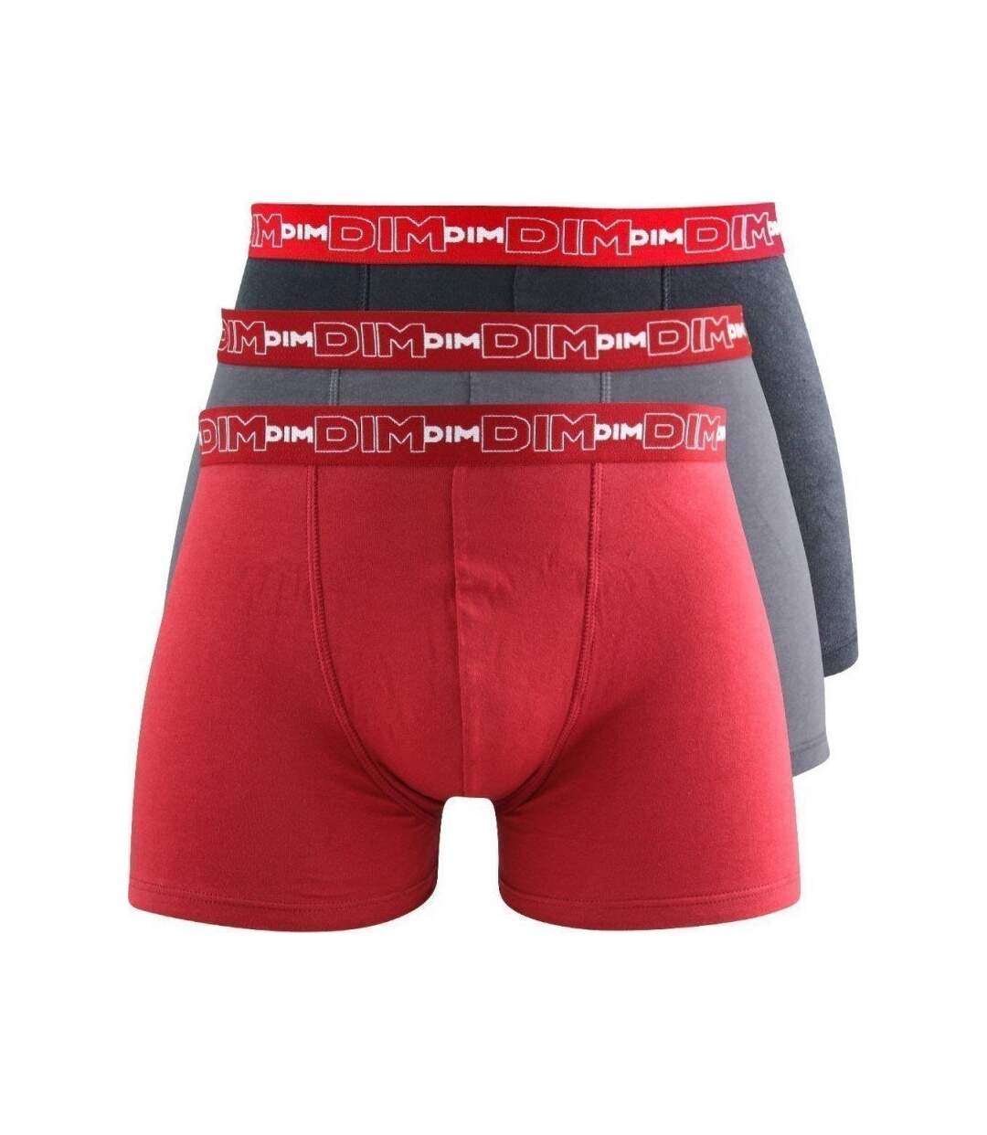 DIM Lot de 3 Boxers Homme Coton STRETCH Gris plomb Rouge chili Noir