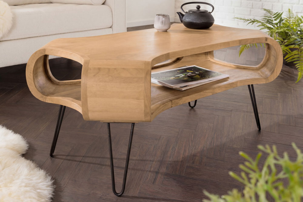 Couchtisch ORGANIC LIVING 100cm natur cream finish Mangoholz mit Hairpin Legs