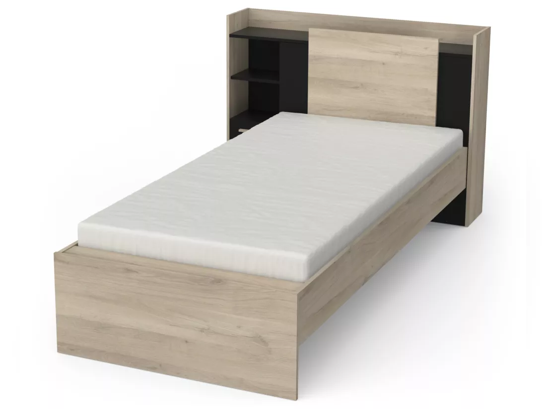 Lit modulable 90 x 190/200 cm avec rangements - Noir et naturel + Sommier - MARTELO