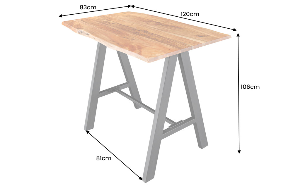 Massivholz Bartisch MAMMUT 120cm natur Akazie Baumkante Metall schwarz mit Fußablage