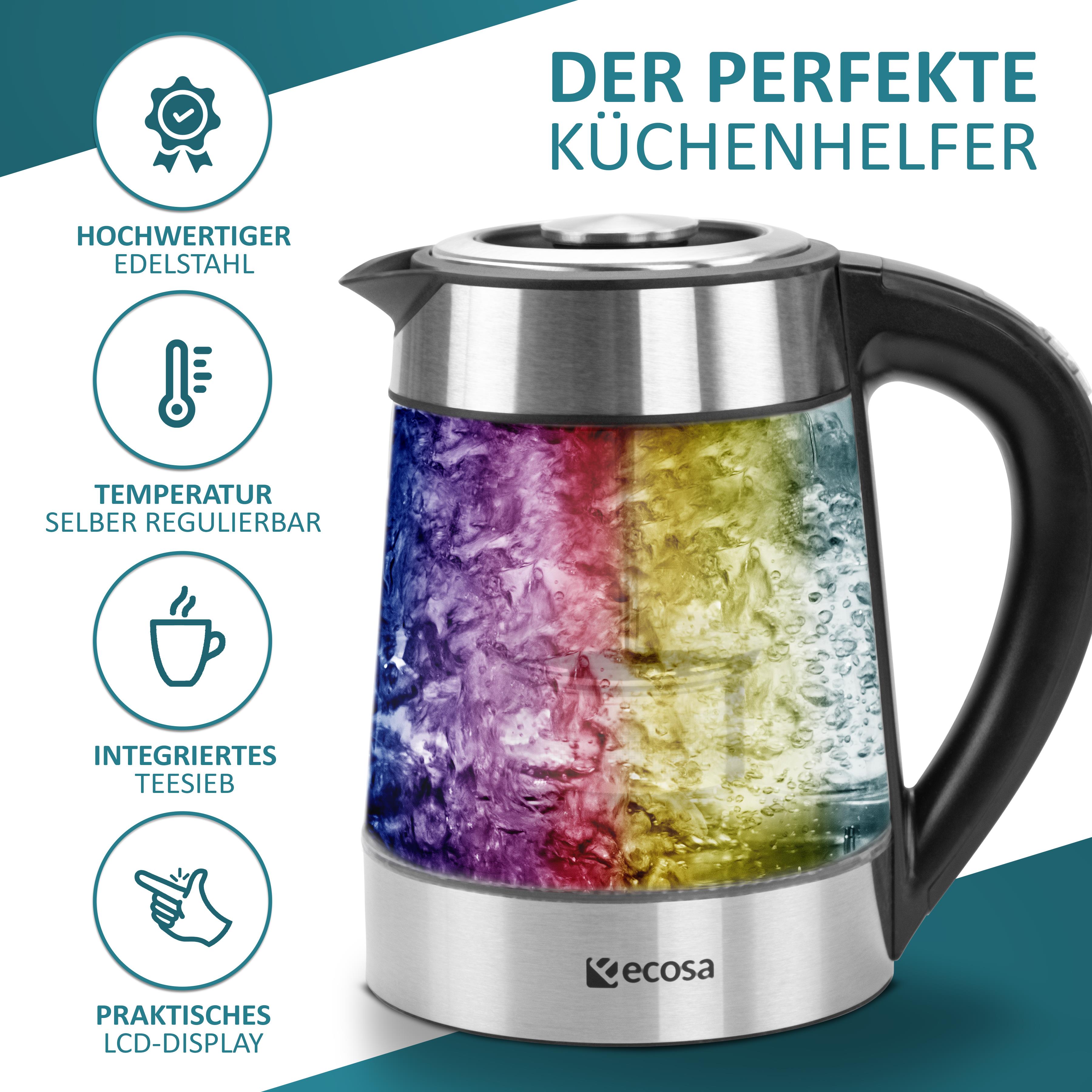 Ecosa Glas Wasserkocher m. Temperatureinstellung Teefilter LED 1.7L