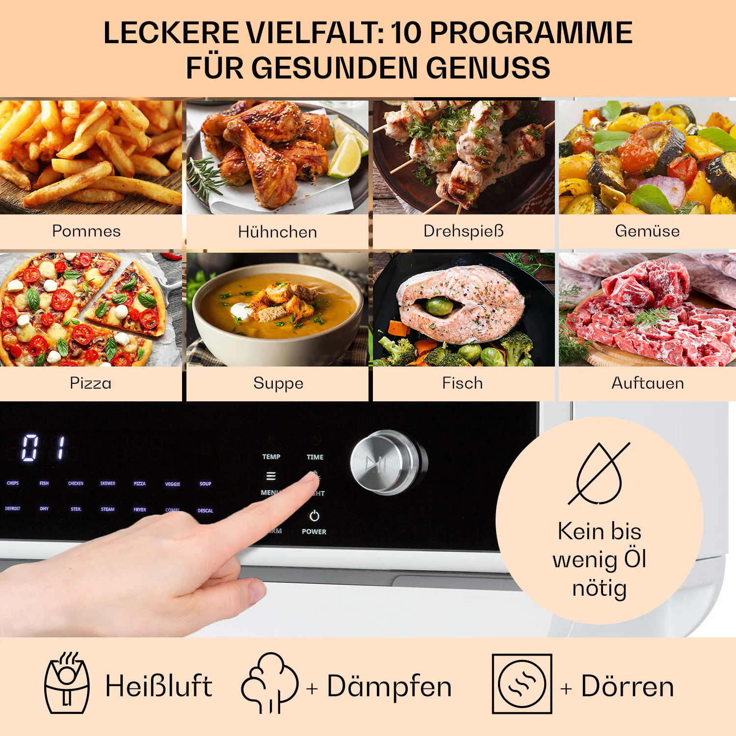 Vita Pro Heißluftfritteuse Dampfgaren 2450 W 18 Ltr 800 ml Wassertank Weiß