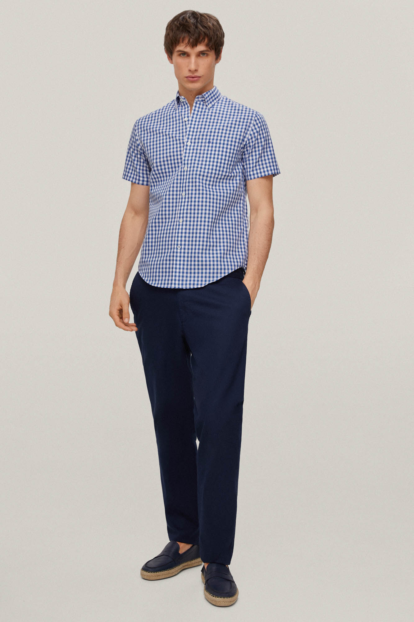 Camisa xadrez de manga curta que não precisa passar - Azul