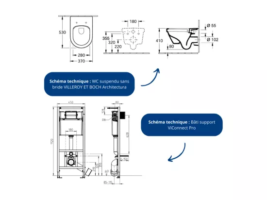 Pack WC sans bride VILLEROY ET BOCH Architectura avec abattant + bâti-support sol et mur Viconnect PRO + plaque blanche