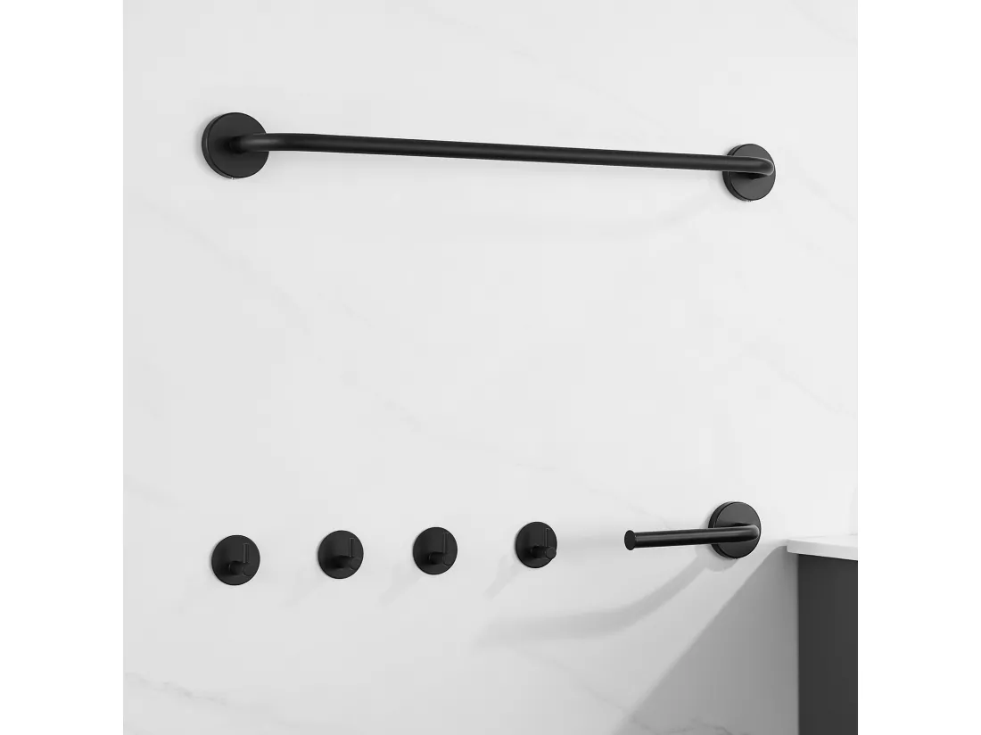 Colonne Douche Thermostatique Noir de 38°C avec Mitigeur,Réglable Hauteur 90-116cm+Ensemble Salle Bain Accessoire 6 Pièces,Auto-adhésif/percer,Inox