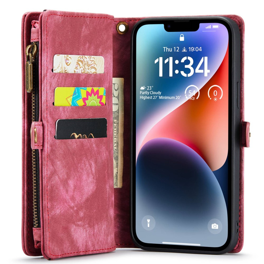 iPhone 14 2in1 Leder Tasche   Magnet Hardcase Karten Etui - Rot