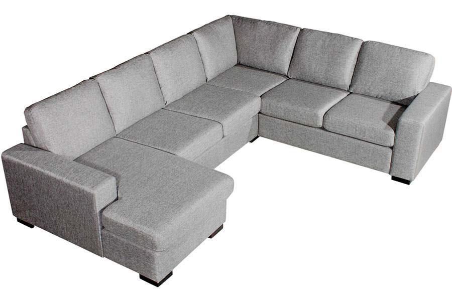 Max sofa 32 hjørnesofa med vendbar sjeselong (løs puffmodul) i tekstil Rocco 281 mørk grå og med sorte ben