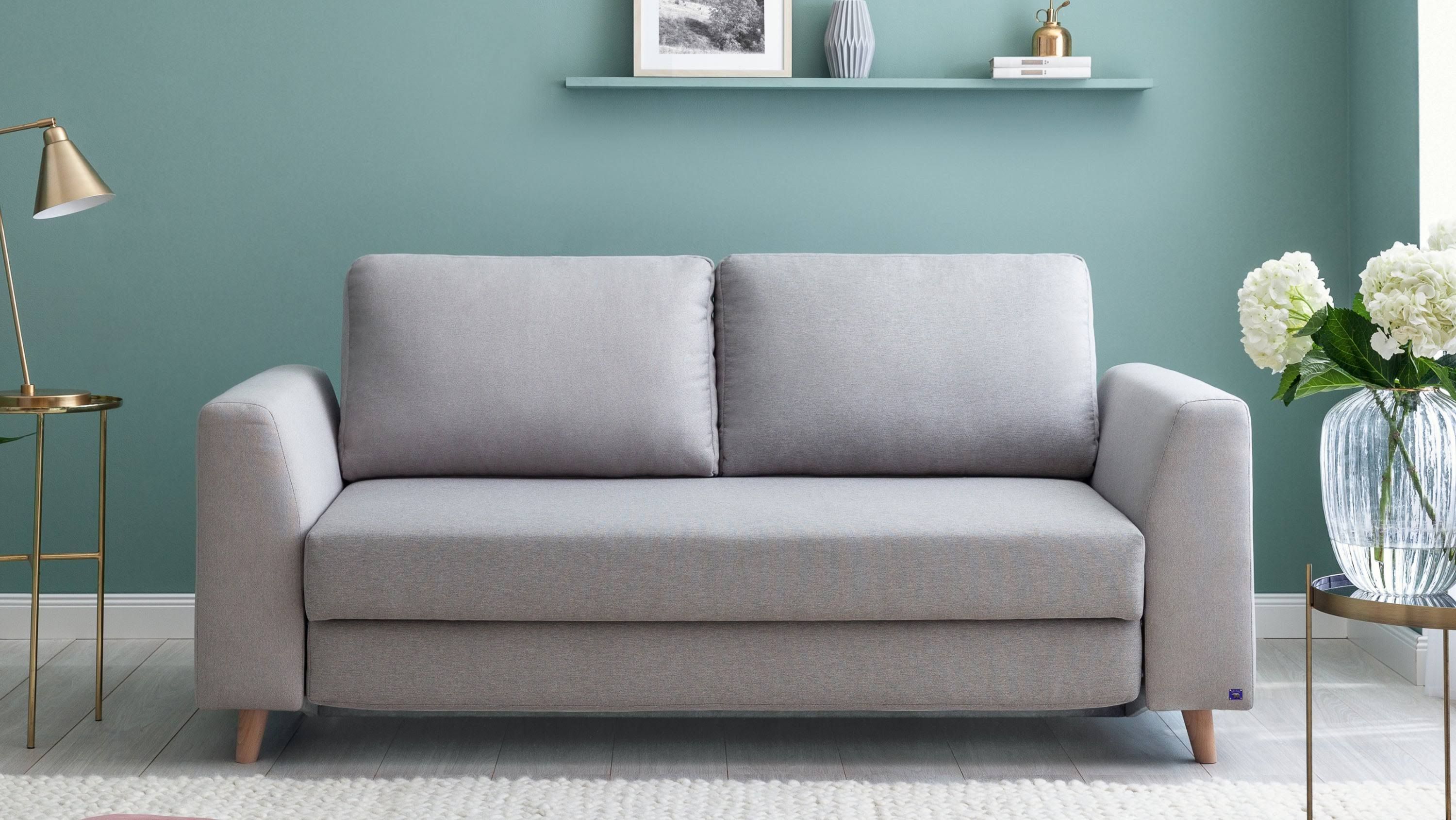 BRUNO Schlafsofa 140cm in Hellgrau | stabiles Massivholz & Boxspringko