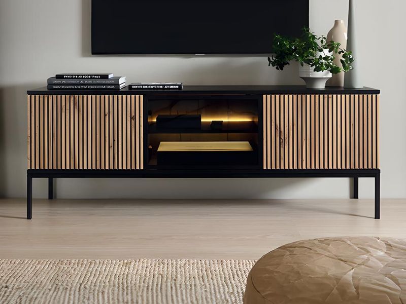 Vente-unique - OVILA - Tv-meubel - Zwart en naturel - MDF en Glas - 3 Deurtjes met Ledverlichting