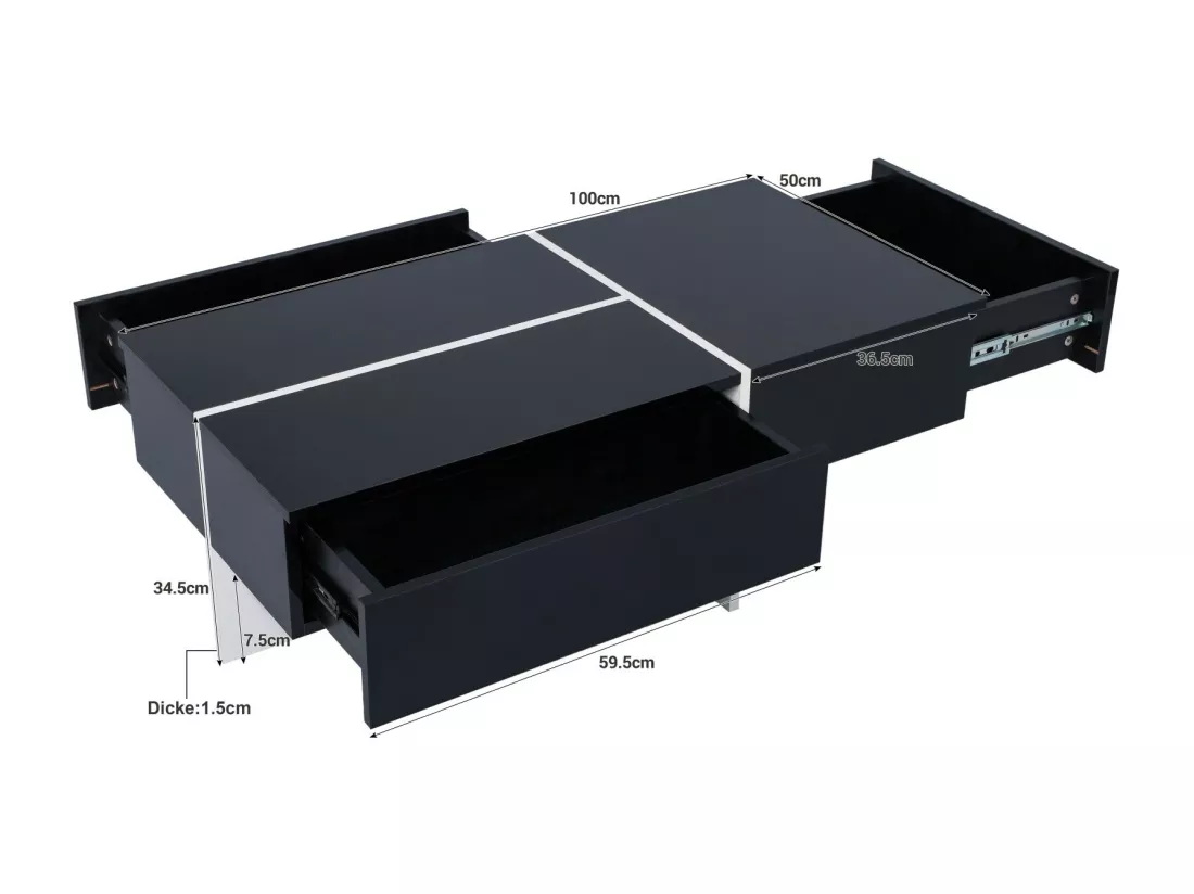 Table basse 3 tiroirs, avec LEDs et App, panneau de particule, Noir et Blanc, 100x50 x34,5cm