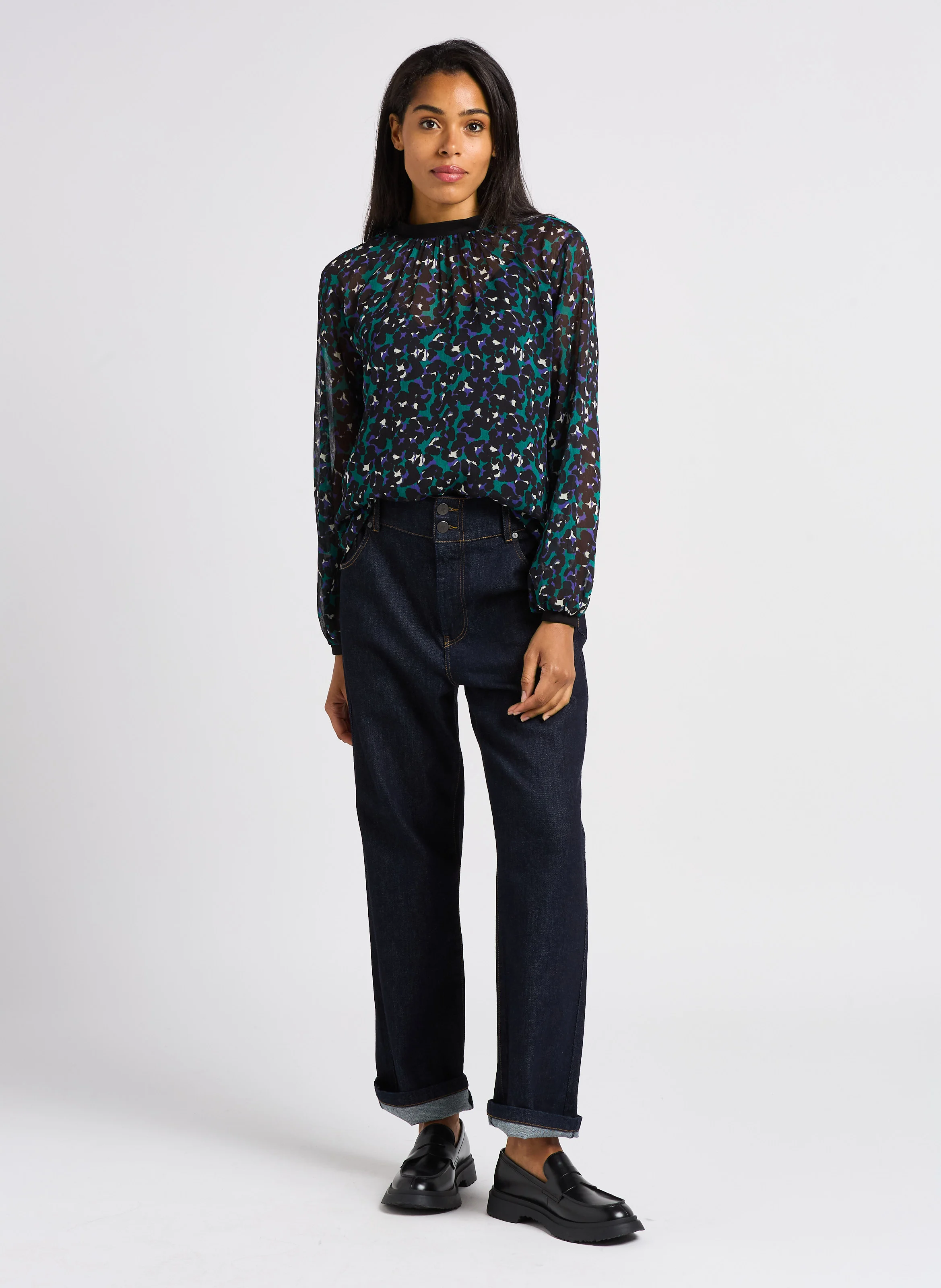 LE JILL - Jean large taille haute en coton stretch| Bleu