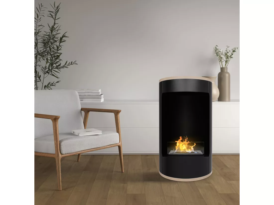 Ottaviano - Cheminée au bioéthanol de sol avec double étagère en bois mélaminé, ø 40xH67,5 cm couleur noir