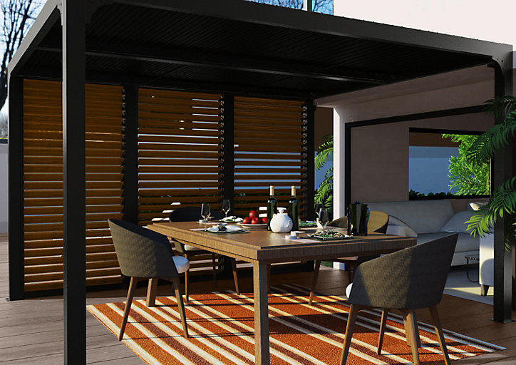 Pergola bioclimatique ALU + ventelles latérales imitation bois 3 m x 3,6 m 10,80 m2 Habrita