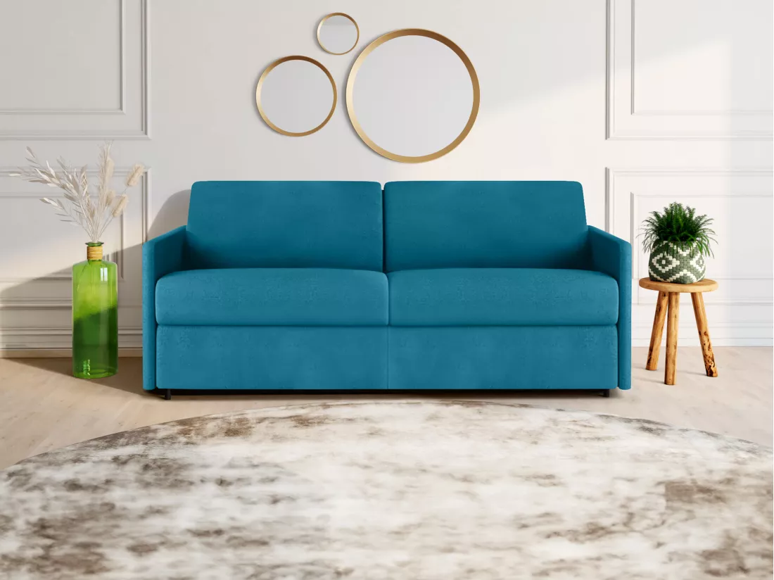 Canapé 4 places convertible express en tissu bleu turquoise - Couchage 160 cm - Matelas 18 cm CALIFE
