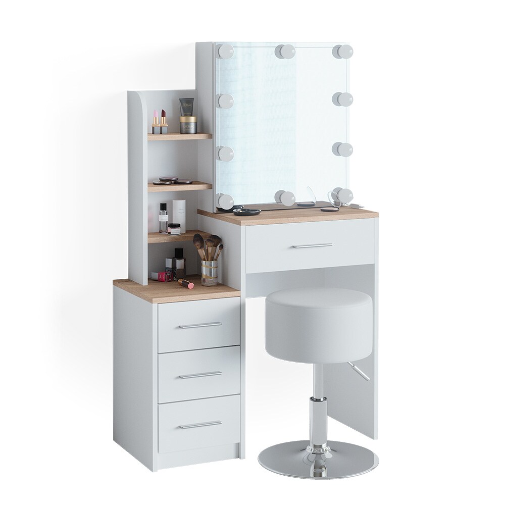 Vicco Schminktisch Frisiertisch Kosmetiktisch Conrada Weiß Sonoma Schminkspiegel 80x132 modern Hocker LED Beleuchtung Schlafzimmerkommode Schminkkommode Schublade Spiegelschrank Frisierkommode Make-Up-Tisch