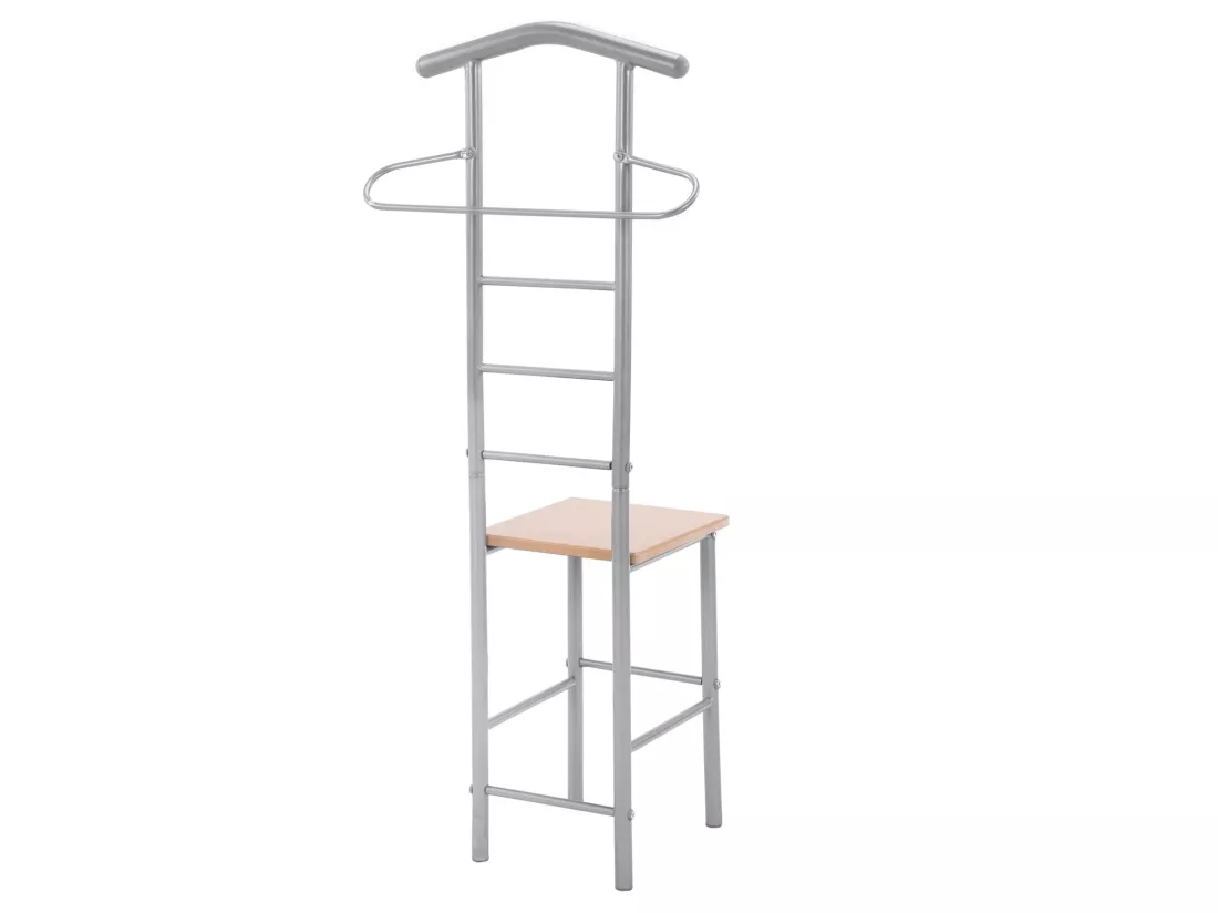 Lot de 2 valets de chambre JIVO chevalets de nuit portants pour vêtements, structure métal argenté avec tablette MDF couleur hêtre