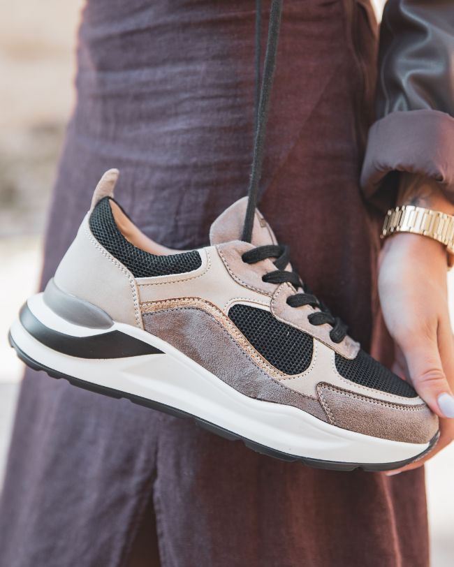 Basket femme beige et noire à lacets - CL58 TAUPE