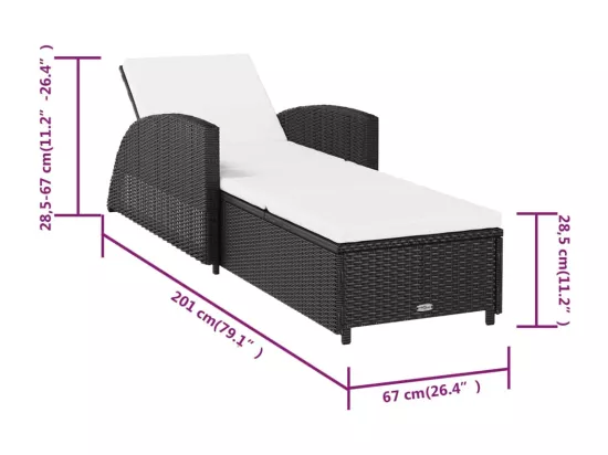 Chaise longue avec coussin blanc crème Résine tressée Noir