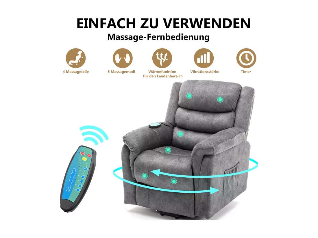 Fauteuil massant en tissu - Fauteuil électrique inclinable avec repose-pied - Gris