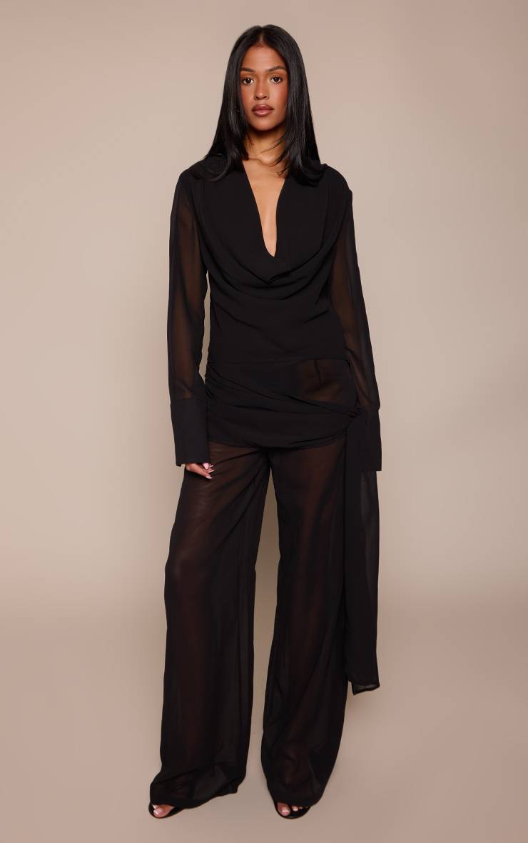 Noir Ensemble Coordonné Pantalon En Mousseline Froncé Avec Lien Tall