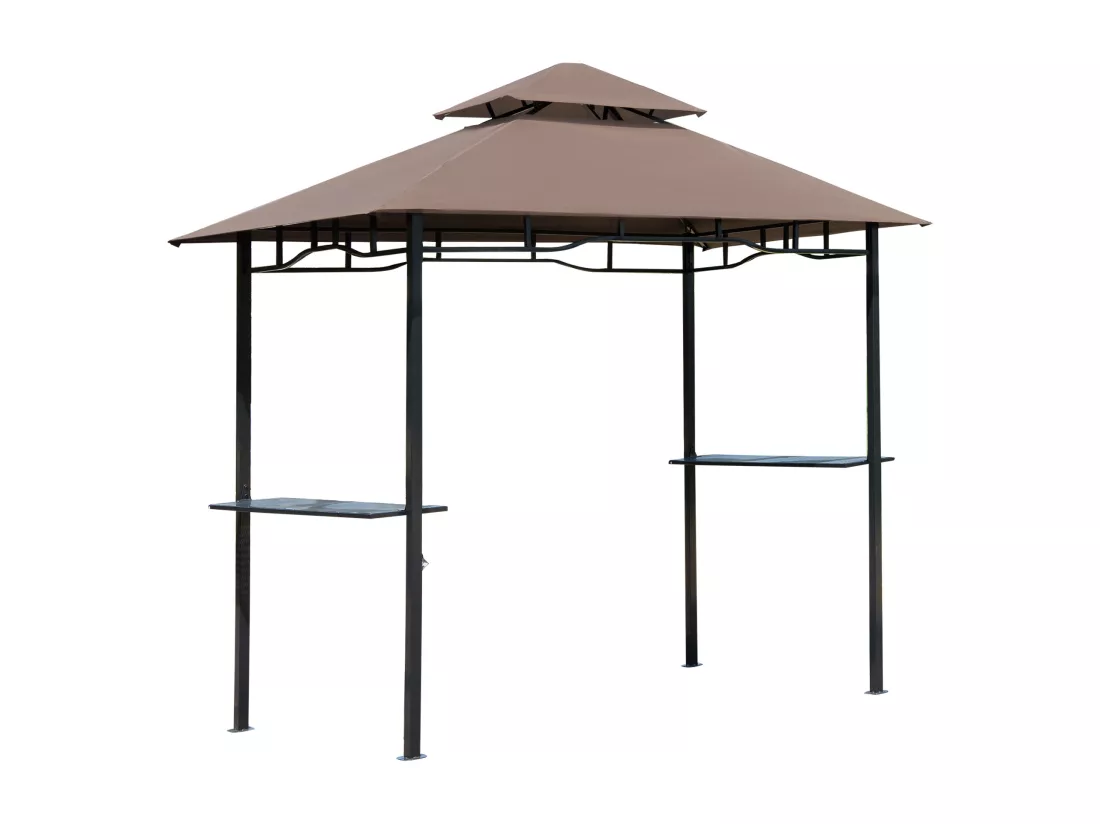 Pavillon abri tonnelle de jardin pour barbecue double toit 2 tablettes incluses tissu polyester acier 2,45 x 1,48 x 2,55 m chocolat