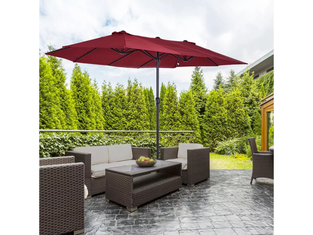 Parasol de jardin XXL parasol grande taille 4,6L x 2,7l x 2,4H m ouverture fermeture manivelle acier polyester haute densité bordeaux
