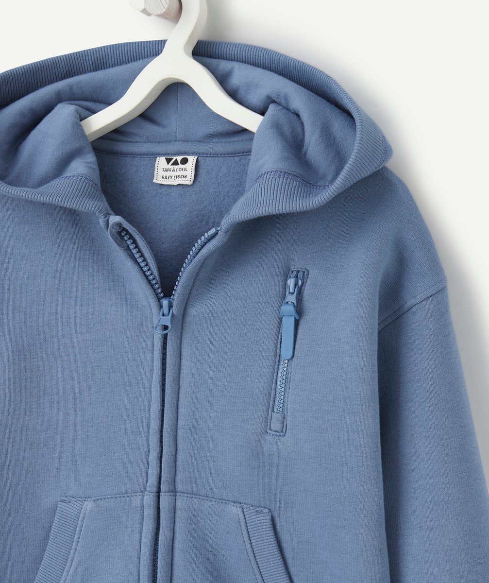 GILET À CAPUCHE GARÇON EN COTON BIO BLEU MESSAGE SUR LA MANCHE