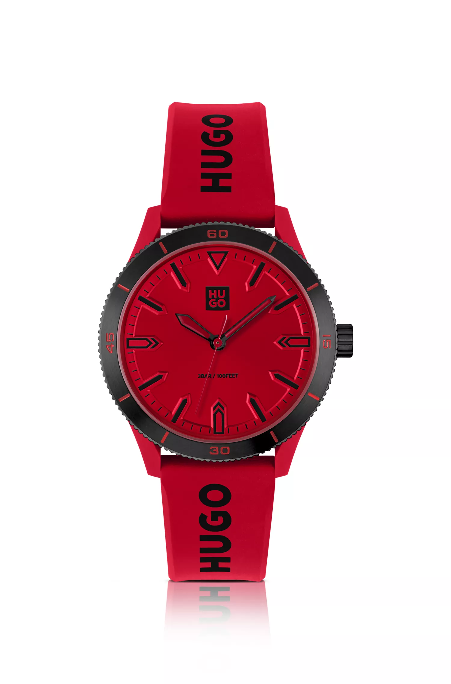 Relógio HUGO com mostrador vermelho e pulseira de silicone vermelha.