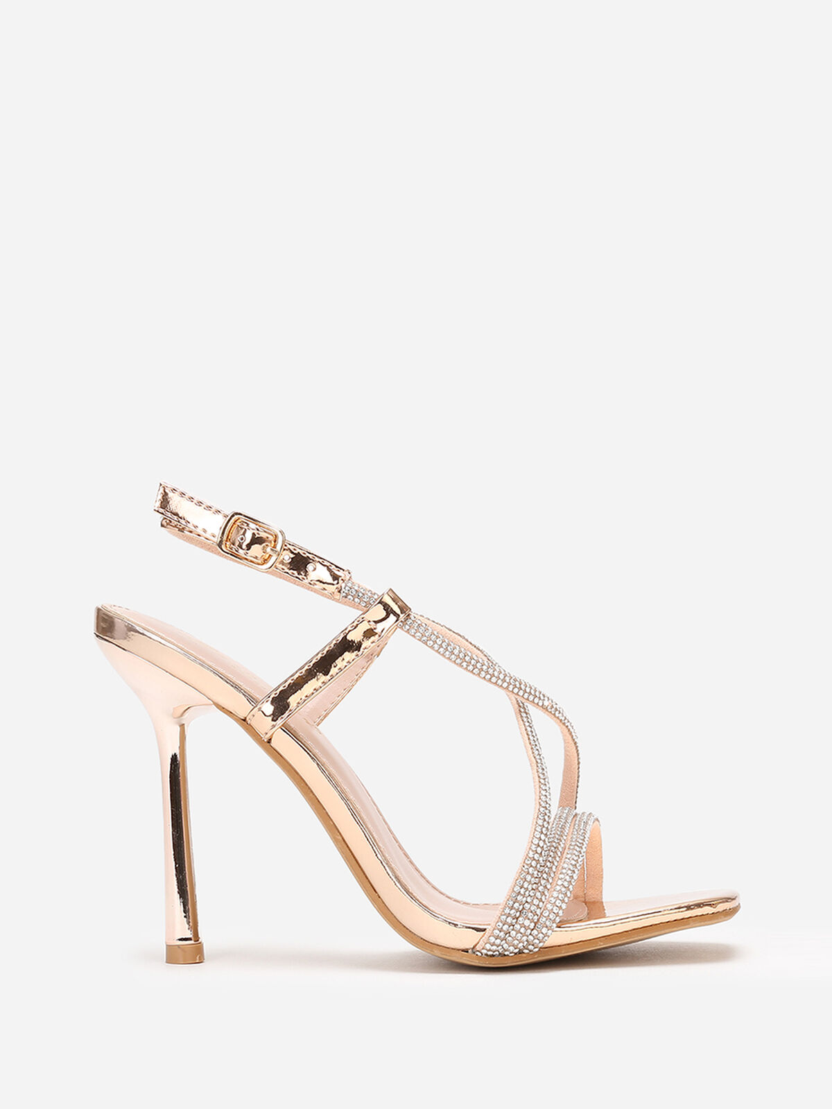 Sandales à talon fin et brides en strass- Doré rose