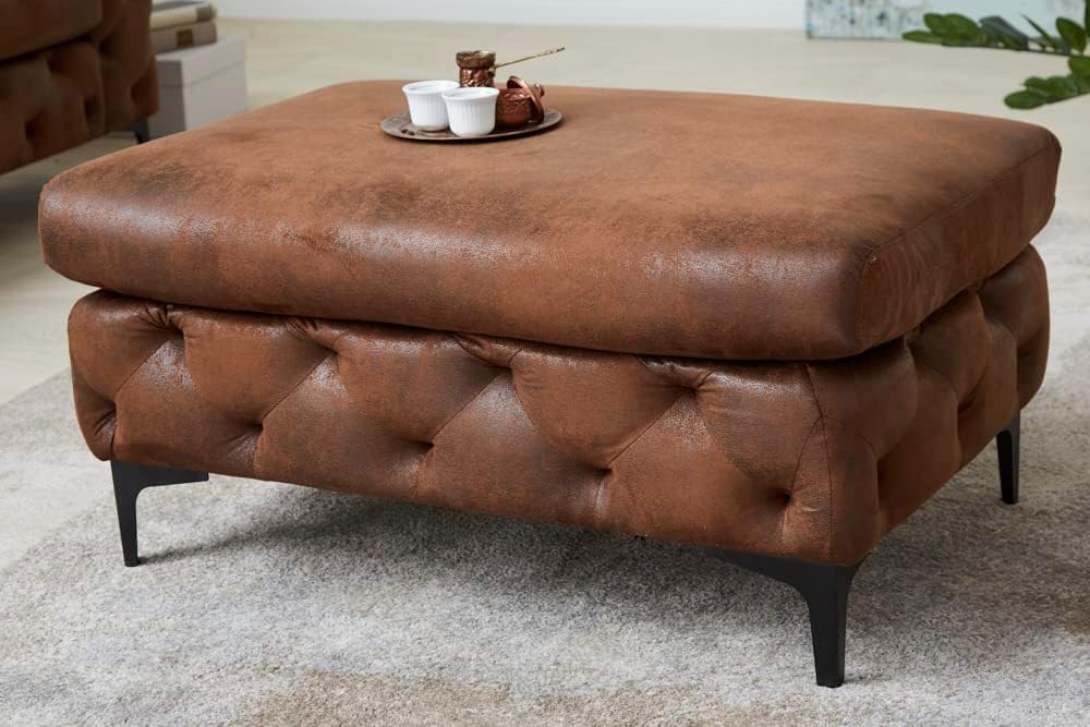 Chesterfield Sitzhocker MODERN BAROCK - 92cm - antik braun - Microfaser Metall - Fußhocker Ziersteppungen Retro gefedert gepolstert