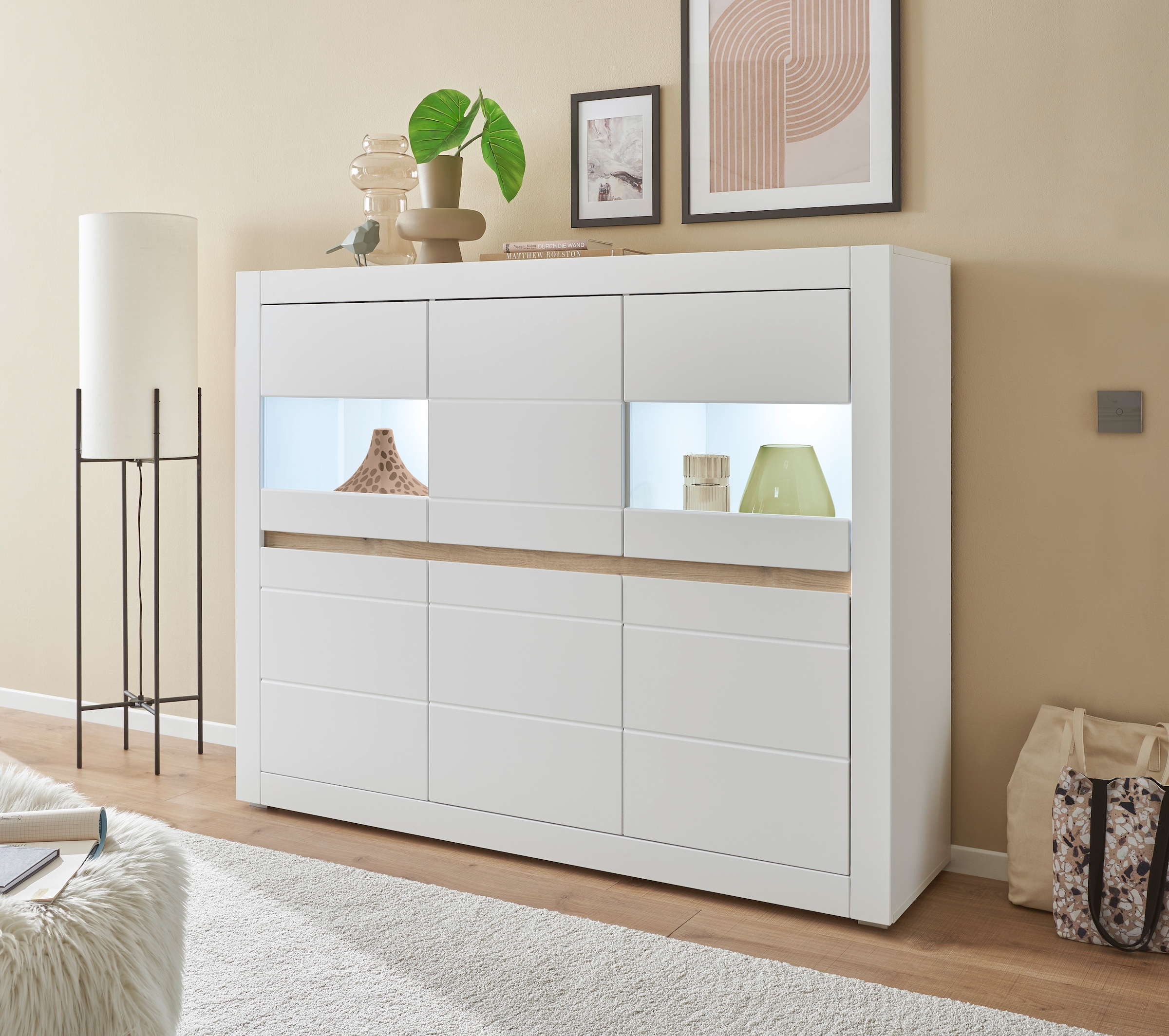 INOSIGN Highboard »Chester, moderne Kommode, Schrank mit Stauraum, Sideboard in Weiss Matt« 1 Stk. tlg. austauschbare Blende in Griffleiste, zeitloses Design, 165 cm breit