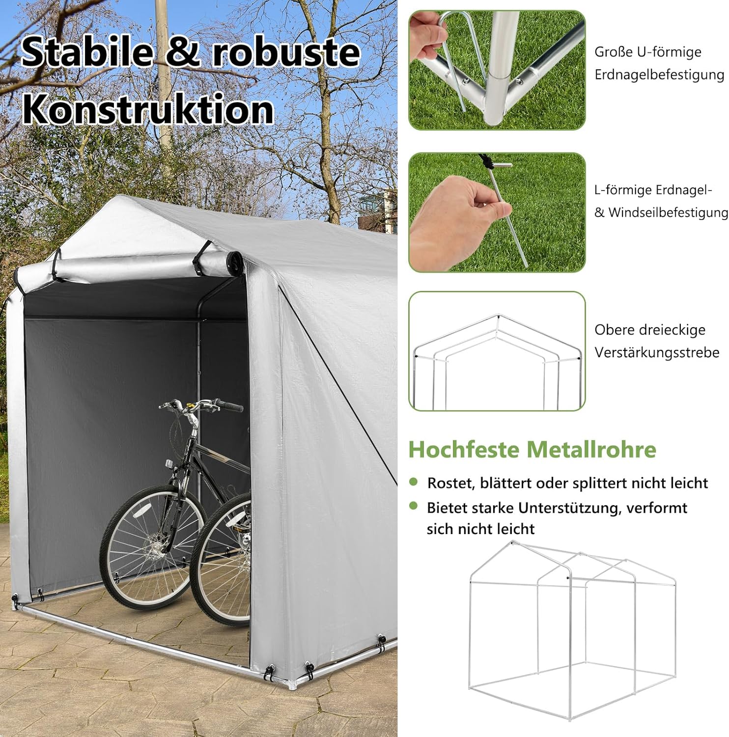 COSTWAY Garagenzelt 160 x 218 x 164 cm, Gerätehaus Wasserdicht mit Metallrahmen & aufrollbarer Reißverschlusstür, Zeltgarage für Fahrräder Motorräder Gartengeräte (Silbergrau)