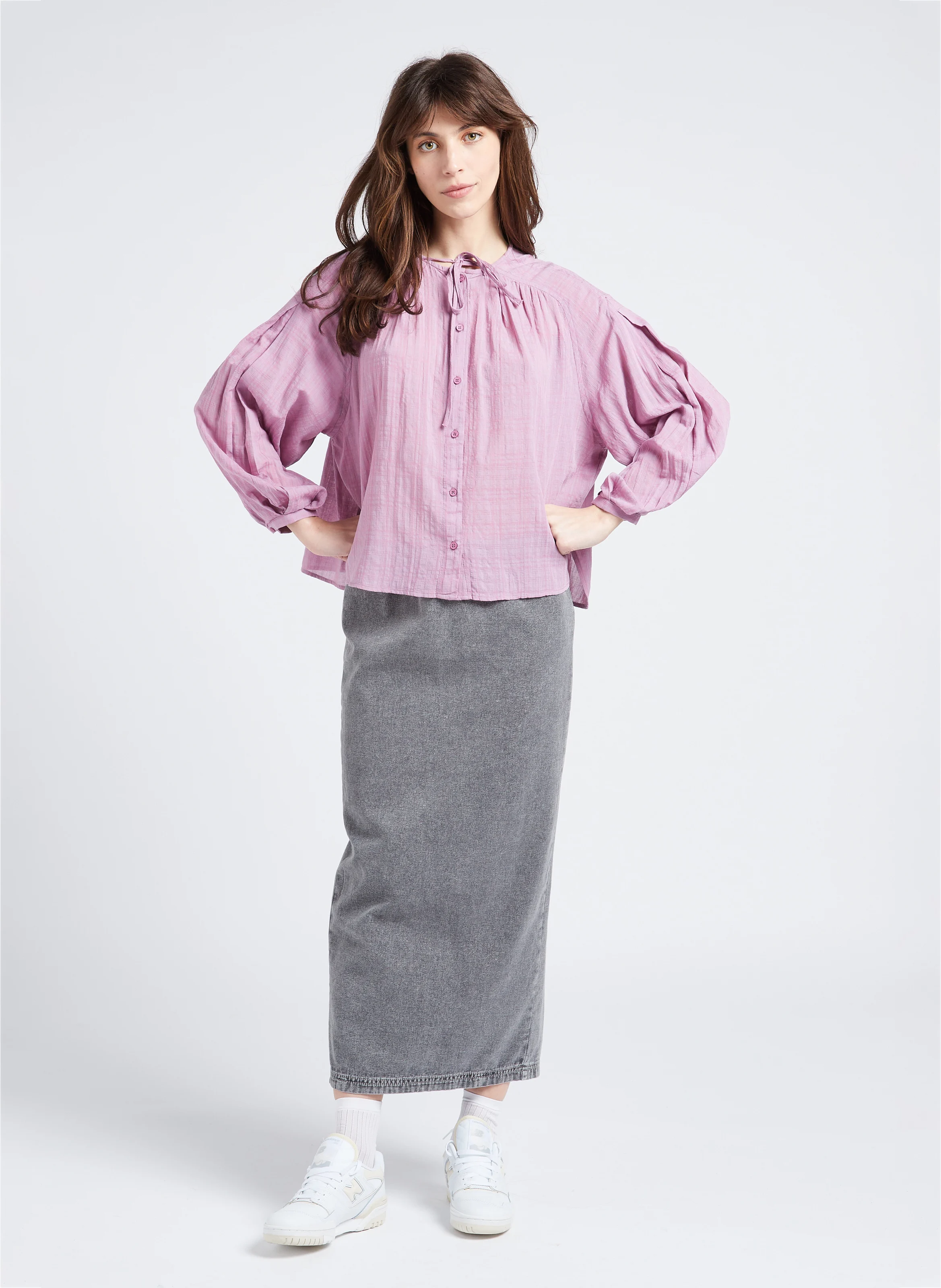 JAZY - Jupe midi droite en coton | Gris