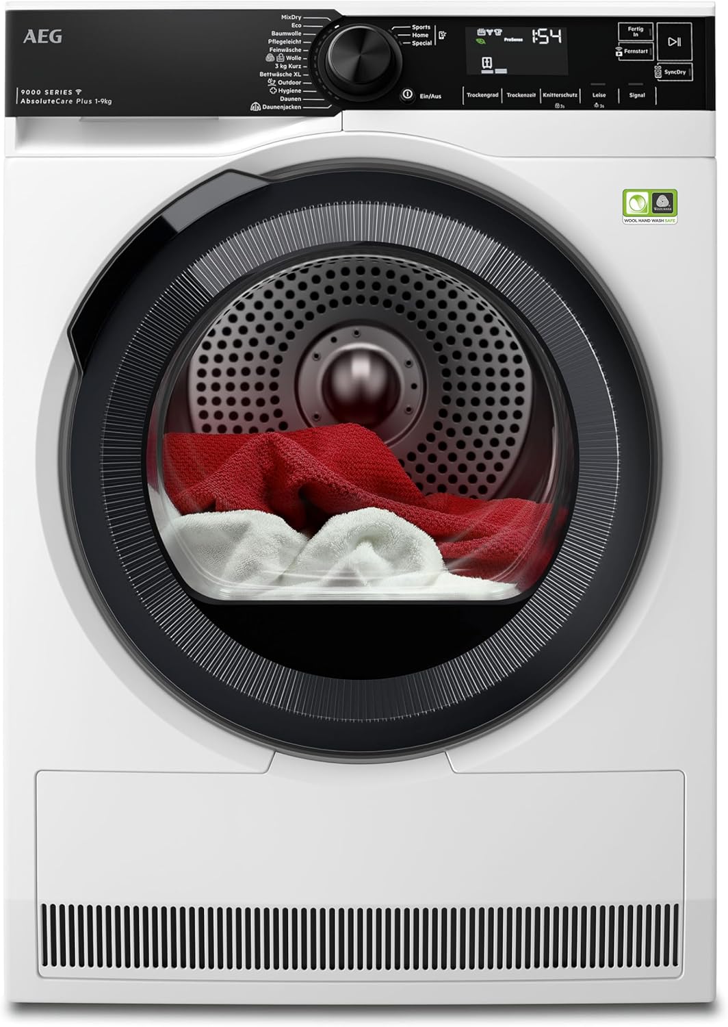 AEG WiFi Wärmepumpentrockner 9 kg, Serie 9000 AbsoluteCarePlus: Daunentrocknung, Punktgenaue Trocknung mit 3D-Scan Restfeuchteermittlung, Energiekl. B, Energiesparend, Trommelbeleuchtung, TR9W75790