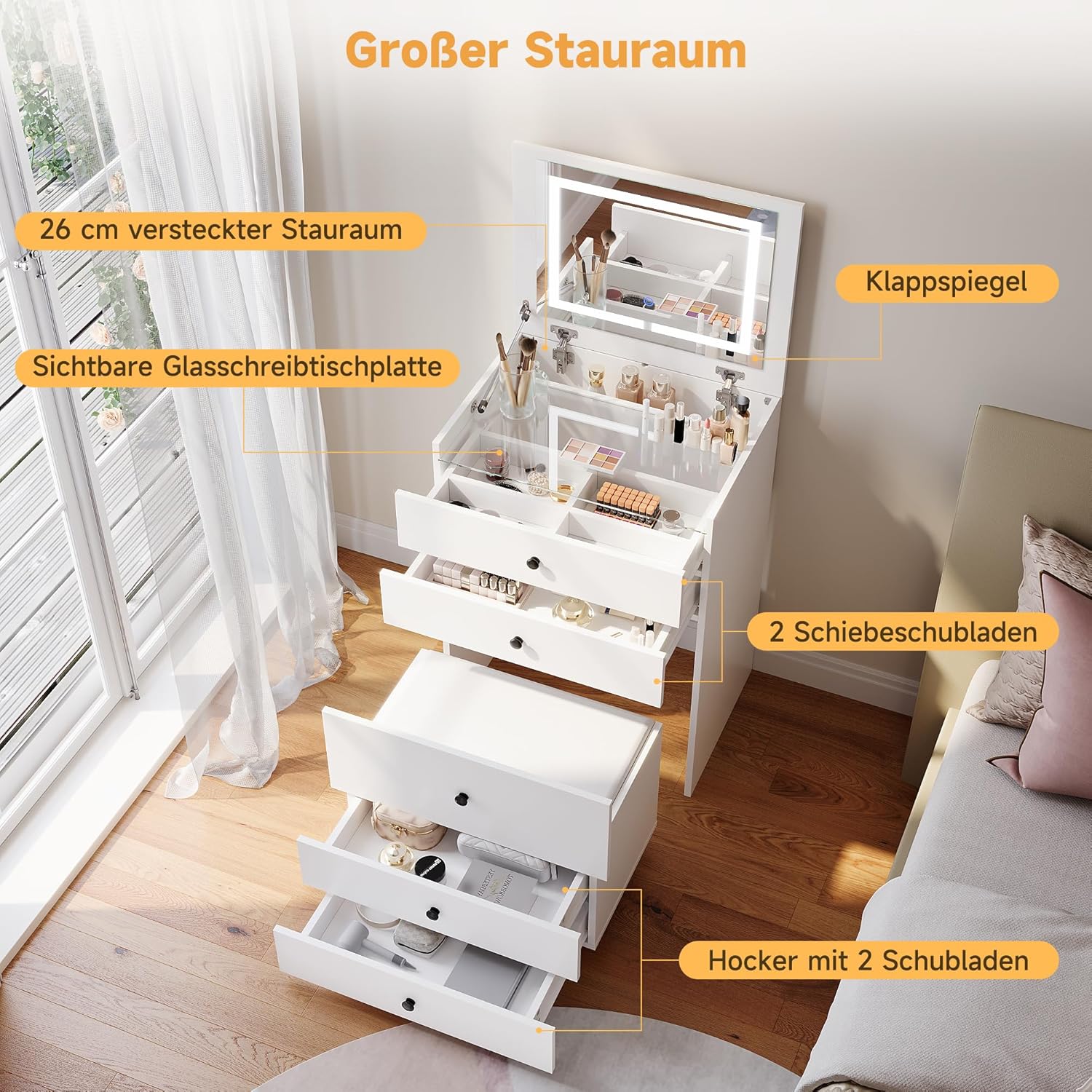 SONNI 3 in 1 Schminktisch mit Klappspiegel und LED, Kosmetiktisch mit sichtbarer Glasplatte, 4 Schubladen, Aufbewahrungshocker mit 4 Universalrollen, Frisiertisch für Schlafzimmer, Weiß, 60x45x83cm