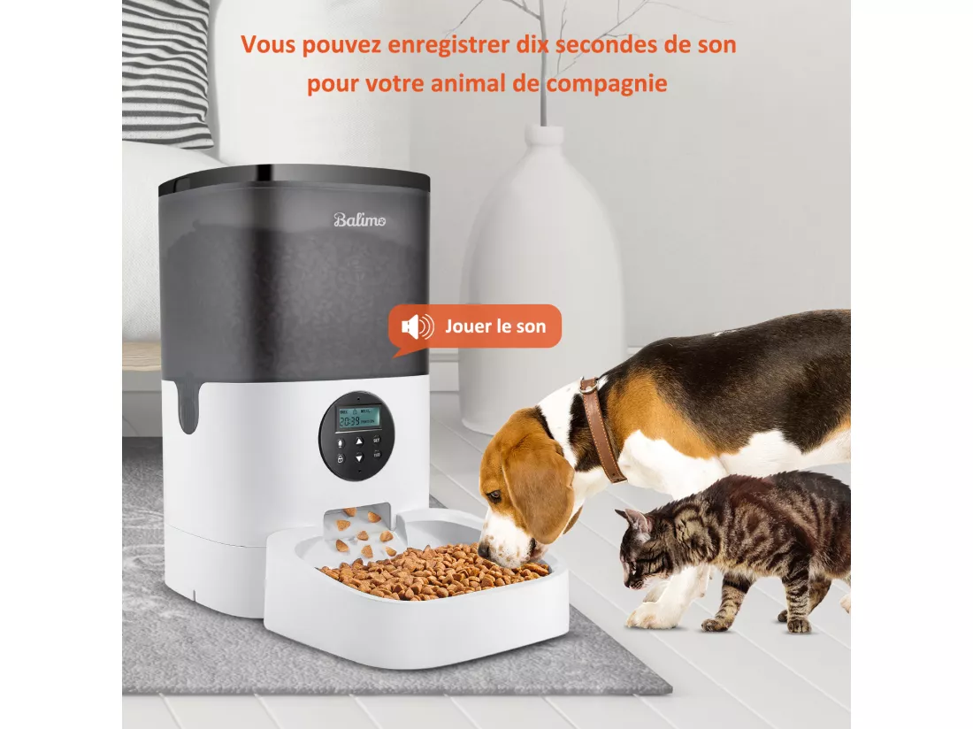 LCD Distributeur Croquettes 4L Balimo Chats/Chiens Distributeur Automatique de Nourriture Programmable 4 Repas/Jour Enregistreur 10s Vocal,Noir Blanc
