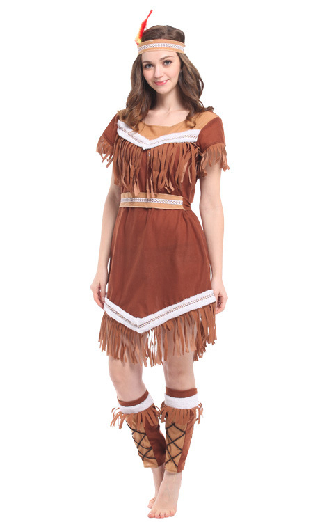 (150-165cm) Fasnachts Erwachsenen Kostüm Indianer Kleid Verkleidung für Motto Partys / Halloween inkl. Stulpen / Stirnband / Gürtel - Braun