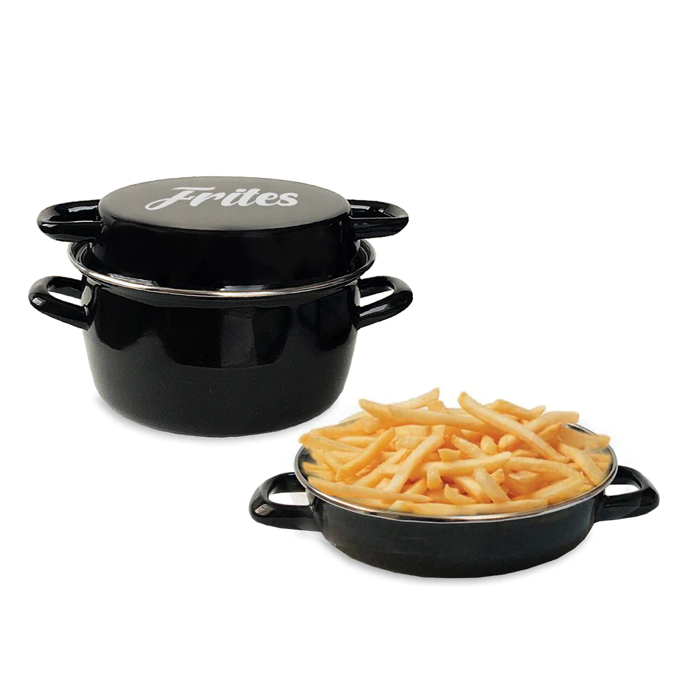 Friteuse coloris noir décor Frites 26 cm couvercle émail et panier Bau