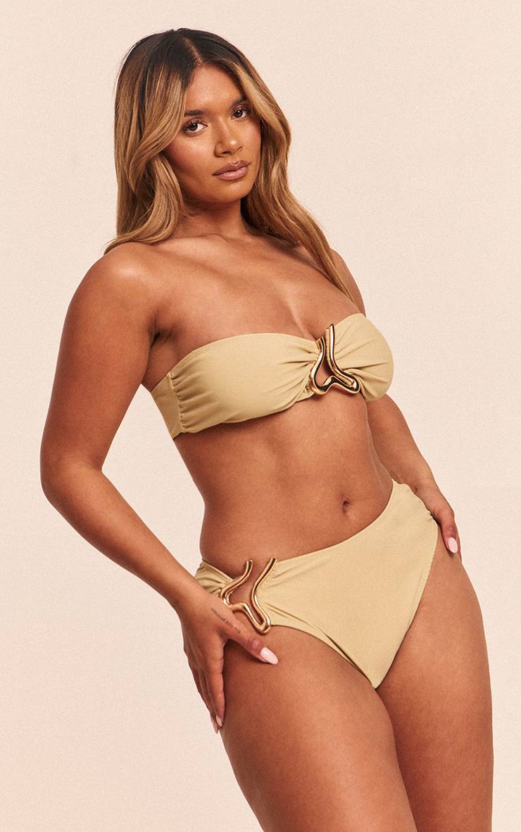Vert Olive Bas De Bikini Shape À Liseré Vague Doré