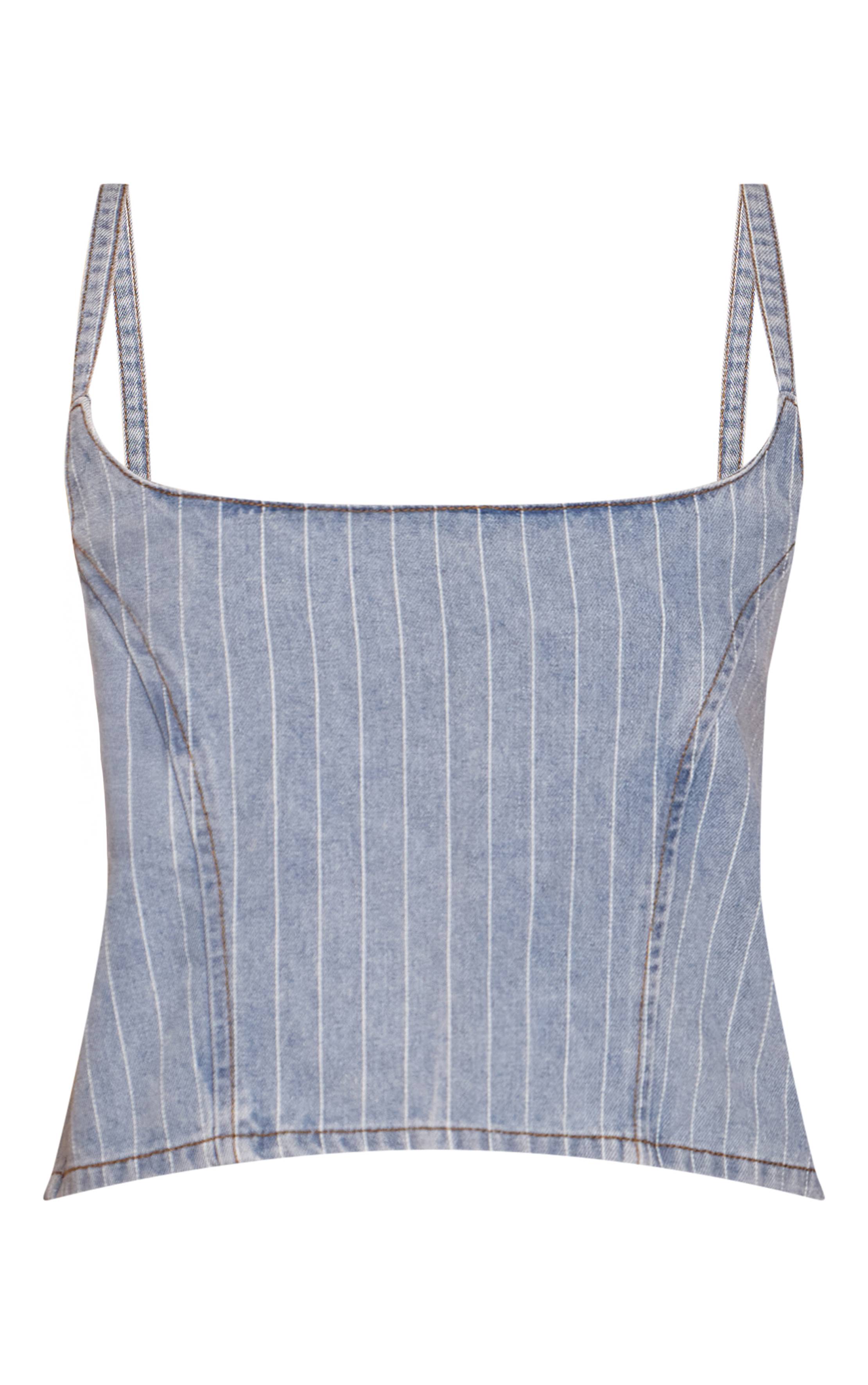 Bleu Clair Top Court En Denim À Fines Rayures